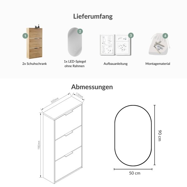 Schuhschrank STIVIO 2x 3 Klappe Gold Eiche 60 cm, LED Spiegel oval ohne Rahmen (2 Lichtstufen)