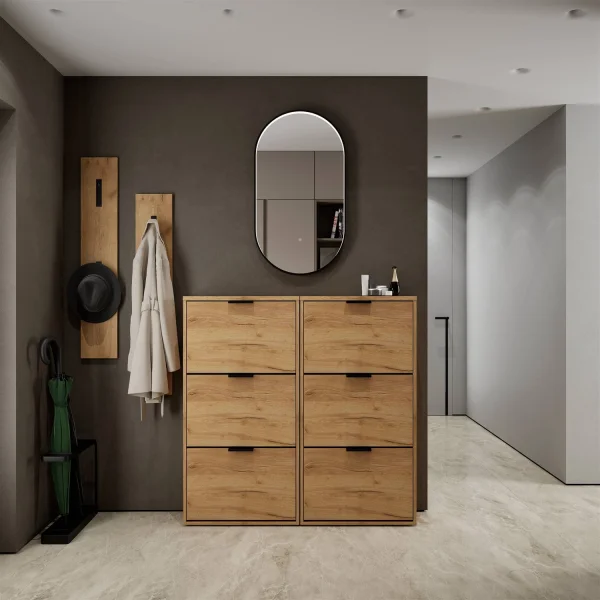 Scarpiera STIVIO 2x 3 ante a ribalta, rovere dorato, 60 cm, specchio ovale con cornice e illuminazione a LED (3 livelli di luminosità)
