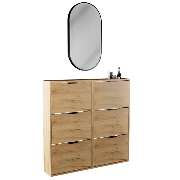 Scarpiera STIVIO 2x 3 ante a ribalta, rovere dorato, 60 cm, specchio ovale con cornice e illuminazione a LED (3 livelli di luminosità)