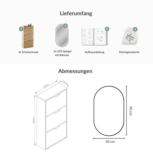 Schuhschrank STIVIO 2x 3 Klappen Gold Eiche 60 cm, LED Spiegel oval mit Rahmen (3 Lichtstufen)