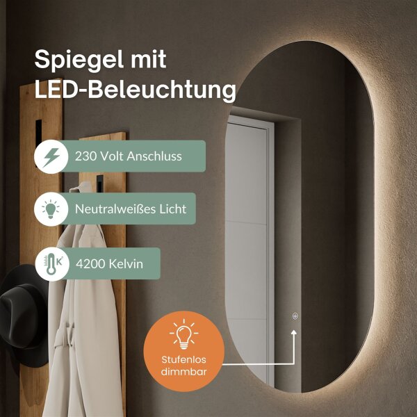Schuhrank STIVIO 2x 3 Klappe Schwarz 60 cm, LED Spiegel oval ohne Rahmen (2 Lichtstufen)