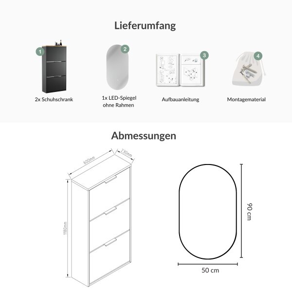 Schuhrank STIVIO 2x 3 Klappe Schwarz 60 cm, LED Spiegel oval ohne Rahmen (2 Lichtstufen)