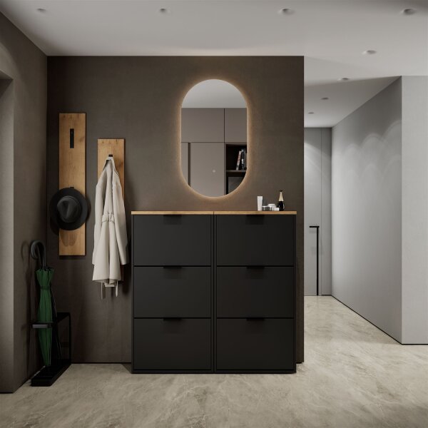 Schuhschrank STIVIO 2x 3 Klappe Schwarz 60 cm, LED Spiegel oval ohne Rahmen (2 Lichtstufen)