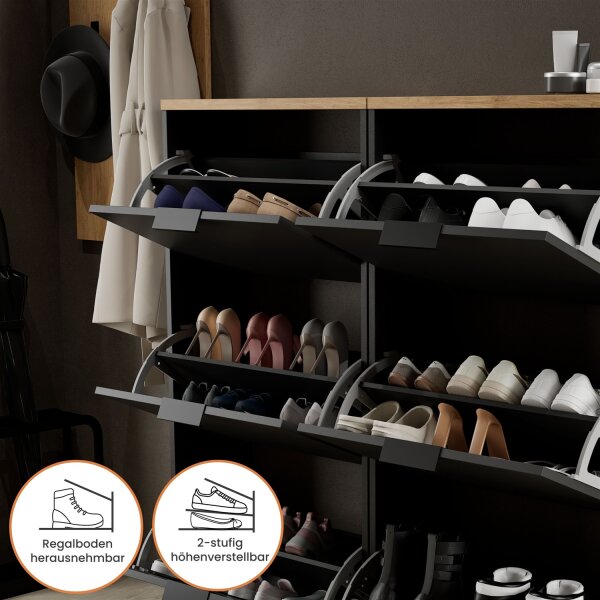 Schuhschrank STIVIO 2x 3 Klappe Schwarz 60 cm, LED Spiegel oval ohne Rahmen (2 Lichtstufen)