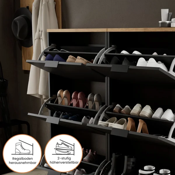 Armario para zapatos STIVIO, 2 x 3 puertas abatibles, negro, 60 cm; espejo LED ovalado sin marco (2 intensidades de luz)