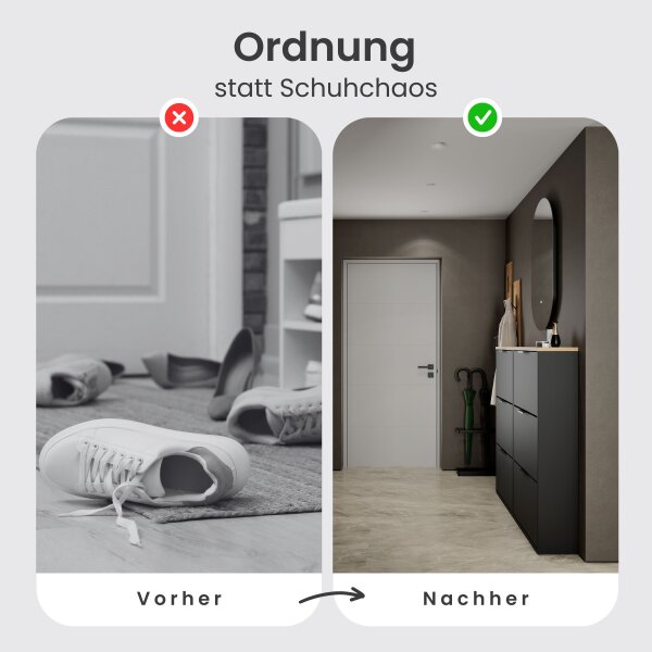 Schuhschrank STIVIO 2x 3 Klappe Schwarz 60 cm, LED Spiegel oval ohne Rahmen (2 Lichtstufen)