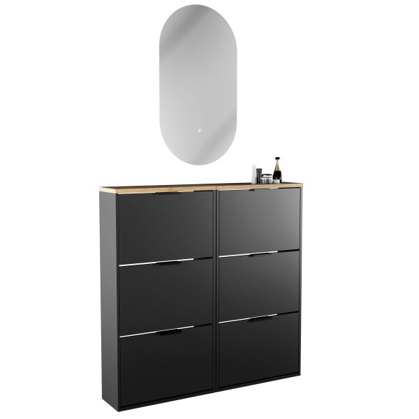 Schuhschrank STIVIO 2x 3 Klappe Schwarz 60 cm, LED Spiegel oval ohne Rahmen (2 Lichtstufen)