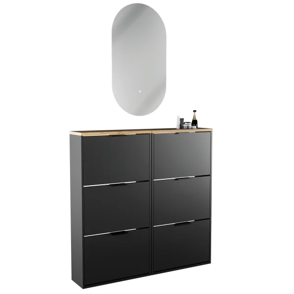 Armario para zapatos STIVIO, 2 x 3 puertas abatibles, negro, 60 cm; espejo LED ovalado sin marco (2 intensidades de luz)