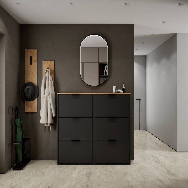 Schuhschrank STIVIO 2x 3 Klappen Schwarz 60 cm, LED Spiegel oval mit Rahmen (3 Lichtstufen)