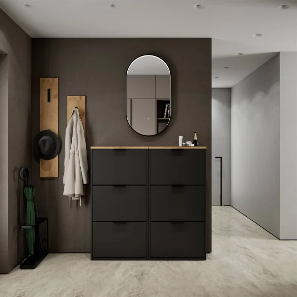 Meuble à chaussures STIVIO 2 x 3 portes battantes, noir, 60 cm, miroir ovale à LED avec cadre (3 intensités déclairage)
