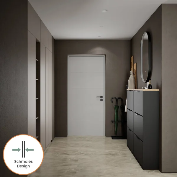 Meuble à chaussures STIVIO 2 x 3 portes battantes, noir, 60 cm, miroir ovale à LED avec cadre (3 intensités déclairage)