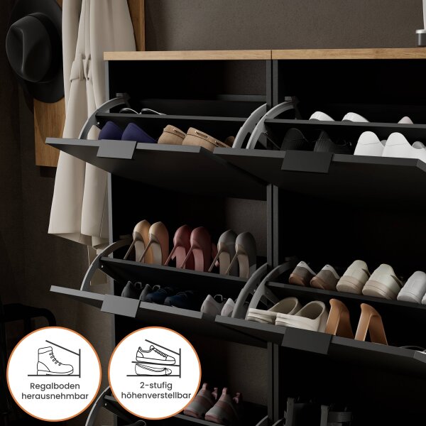 Schuhschrank STIVIO 2x 3 Klappen Schwarz 60 cm, LED Spiegel oval mit Rahmen (3 Lichtstufen)