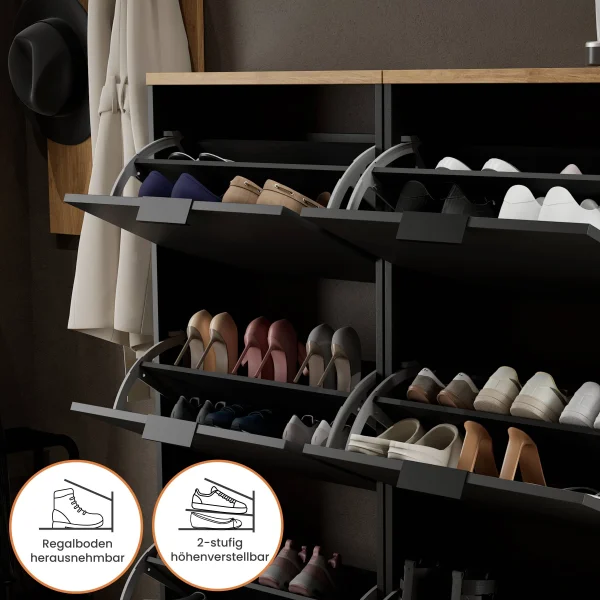 Meuble à chaussures STIVIO 2 x 3 portes battantes, noir, 60 cm, miroir ovale à LED avec cadre (3 intensités déclairage)