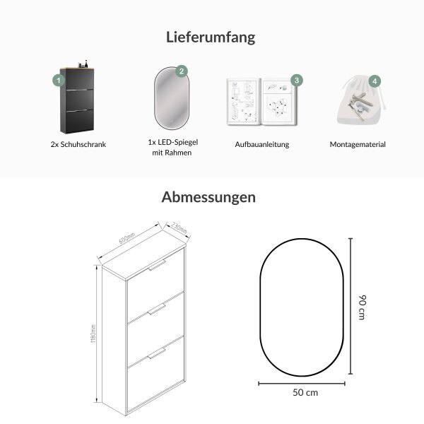 Schuhschrank STIVIO 2x 3 Klappen Schwarz 60 cm, LED Spiegel oval mit Rahmen (3 Lichtstufen)