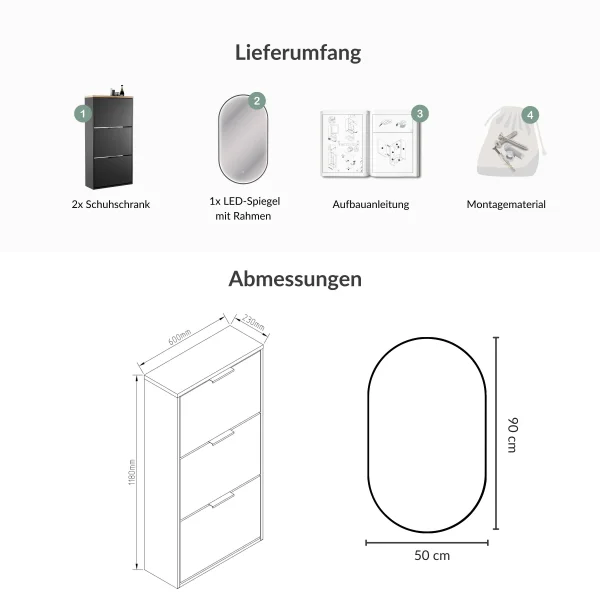 Meuble à chaussures STIVIO 2 x 3 portes battantes, noir, 60 cm, miroir ovale à LED avec cadre (3 intensités déclairage)