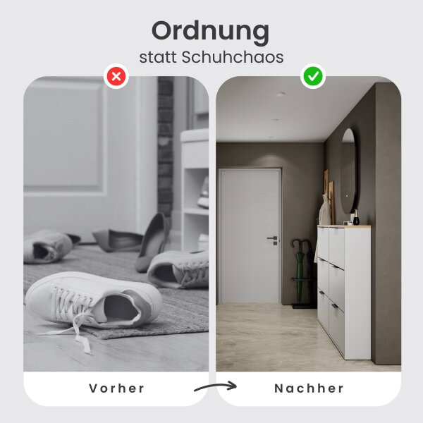 Schuhrank STIVIO 2x 3 Klappe Weiß Grau 60 cm, LED Spiegel oval ohne Rahmen (2 Lichtstufen)