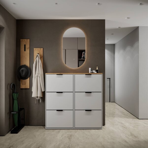 Schuhschrank STIVIO 2x 3 Klappe Weiß Grau 60 cm, LED Spiegel oval ohne Rahmen (2 Lichtstufen)