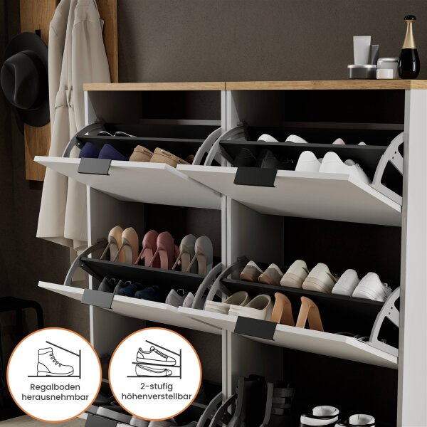 Schuhschrank STIVIO 2x 3 Klappe Weiß Grau 60 cm, LED Spiegel oval ohne Rahmen (2 Lichtstufen)