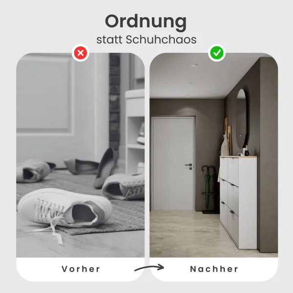Schuhschrank STIVIO 2x 3 Klappe Weiß Grau 60 cm, LED Spiegel oval ohne Rahmen (2 Lichtstufen)