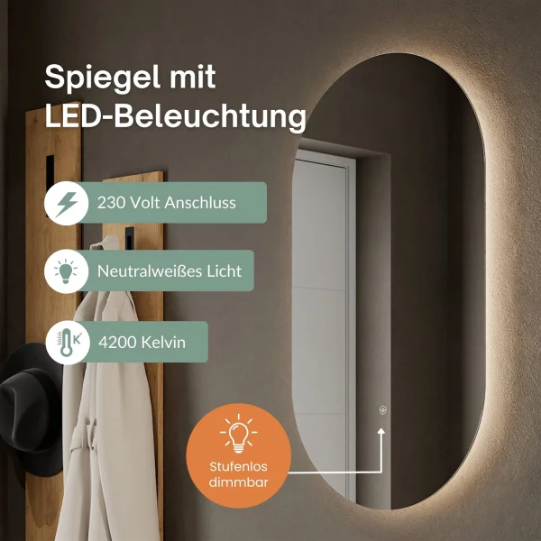 Schuhschrank STIVIO 2x 3 Klappe Weiß Grau 60 cm, LED Spiegel oval ohne Rahmen (2 Lichtstufen)