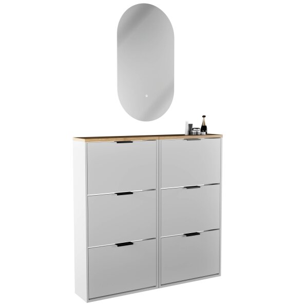 Schuhschrank STIVIO 2x 3 Klappe Weiß Grau 60 cm, LED Spiegel oval ohne Rahmen (2 Lichtstufen)