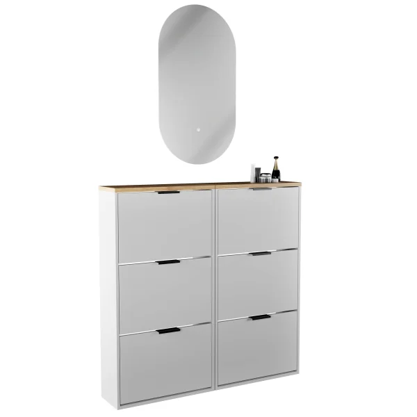 Schuhschrank STIVIO 2x 3 Klappe Weiß Grau 60 cm, LED Spiegel oval ohne Rahmen (2 Lichtstufen)