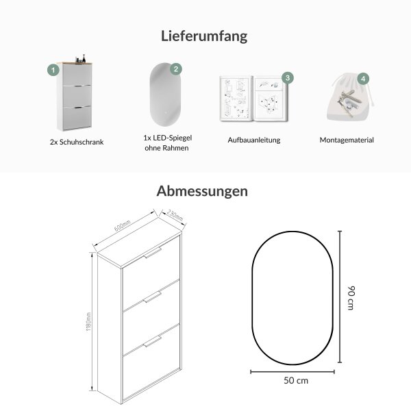 Schuhschrank STIVIO 2x 3 Klappe Weiß Grau 60 cm, LED Spiegel oval ohne Rahmen (2 Lichtstufen)
