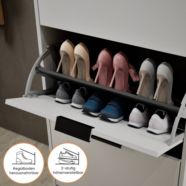 Schuhrank STIVIO 2x 3 Klappen Weiß Grau 60 cm, LED Spiegel oval mit Rahmen (3 Lichtstufen)