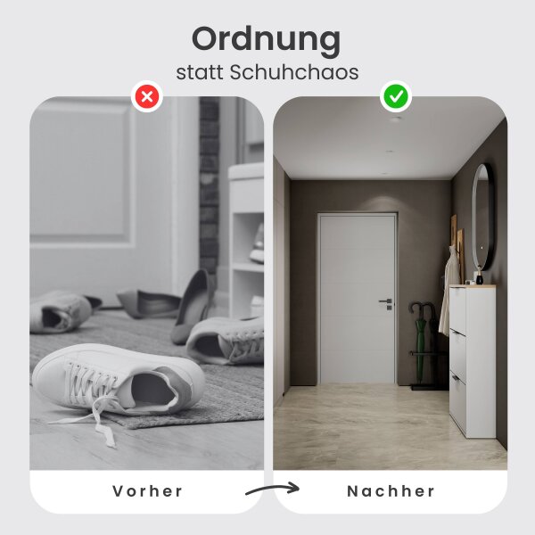 Schuhrank STIVIO 2x 3 Klappen Weiß Grau 60 cm, LED Spiegel oval mit Rahmen (3 Lichtstufen)