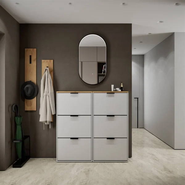 Shoe Cabinet STIVIO 2x 3 Flaps White Grey 60 cm, Oval LED Mirror with Frame (3 Light Levels)
