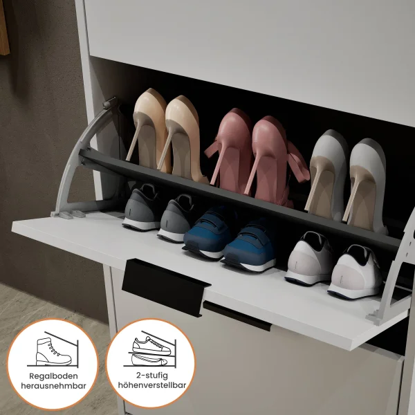Shoe Cabinet STIVIO 2x 3 Flaps White Grey 60 cm, Oval LED Mirror with Frame (3 Light Levels)