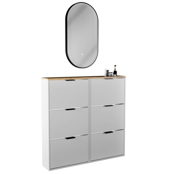 Schuhschrank STIVIO 2x 3 Klappen Weiß Grau 60 cm, LED Spiegel oval mit Rahmen (3 Lichtstufen)