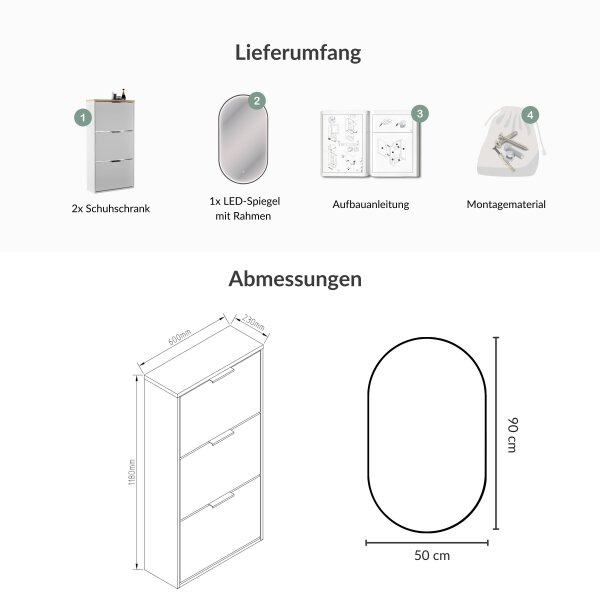 Schuhschrank STIVIO 2x 3 Klappen Weiß Grau 60 cm, LED Spiegel oval mit Rahmen (3 Lichtstufen)