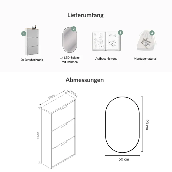 Shoe Cabinet STIVIO 2x 3 Flaps White Grey 60 cm, Oval LED Mirror with Frame (3 Light Levels)