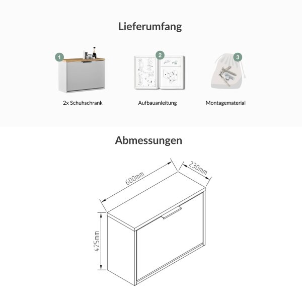 Schuhschrank STIVIO 2x 1 Klappe Weiß Grau