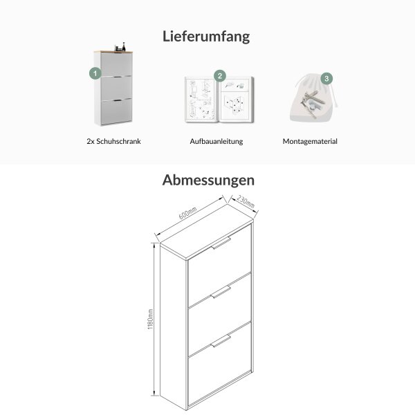 Schuhschrank STIVIO 2x 3 Klappe Weiß Grau