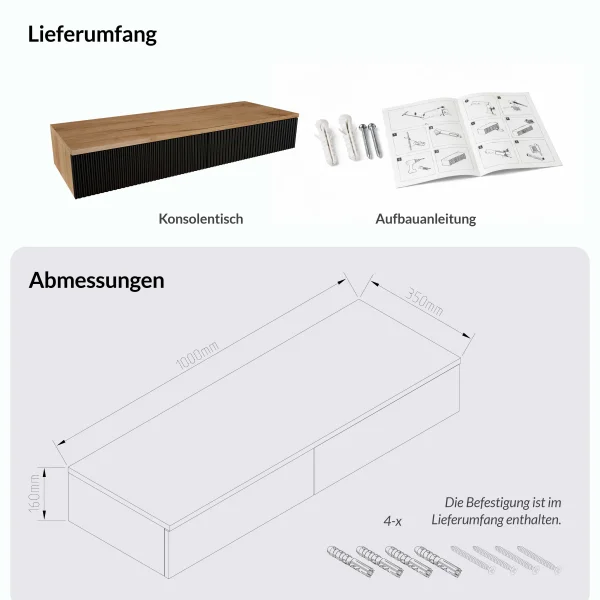 AMYRA Konsolentisch 100 cm in Gold Eiche / Schwarz - - hängend
