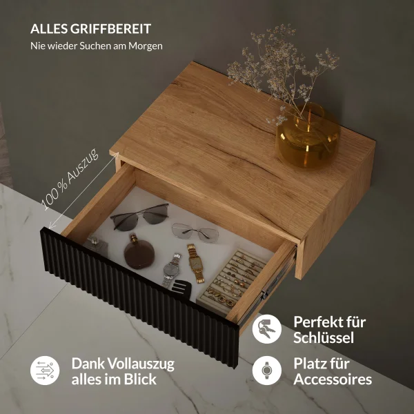 AMYRA Side Table 50 cm in Gold Oak / Black - Wall-Mounted
