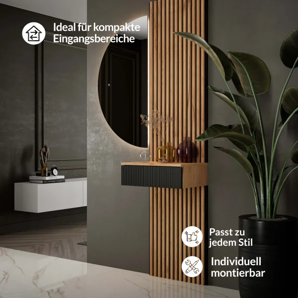 AMYRA Side Table 50 cm in Gold Oak / Black - Wall-Mounted