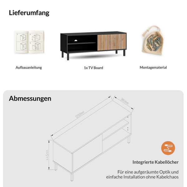 LIORA TV Board 120cm Anthrazit mit Tür in Gold Eiche