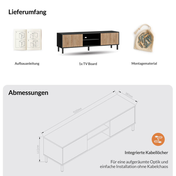 LIORA TV Board 150cm Anthrazit mit Türen in Gold Eiche