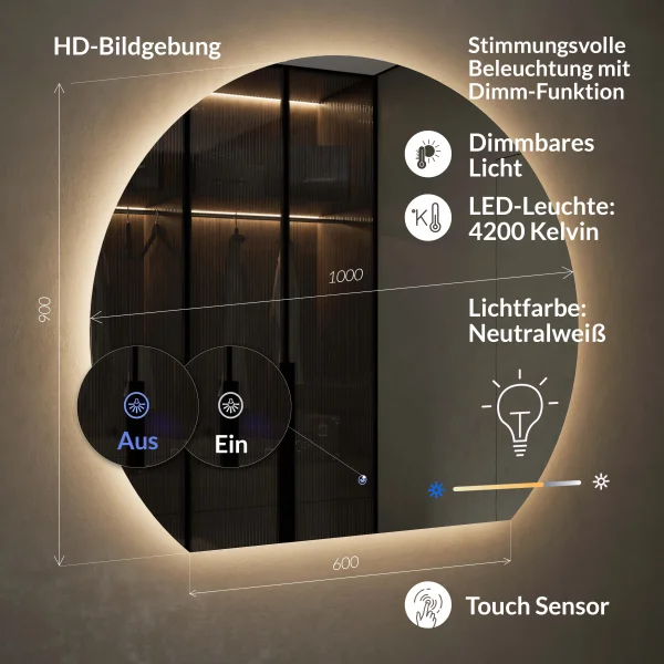 Spiegel AUBE mit LED Beleuchtung 100 cm