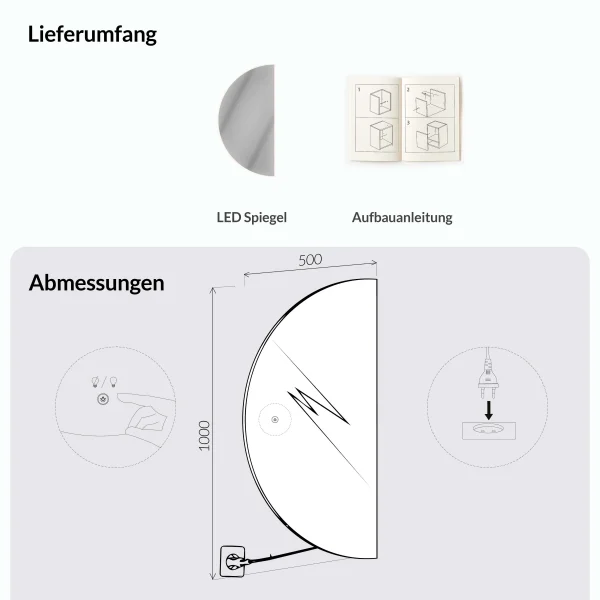 LED Spiegel NIVORA halbrund 50×100 cm