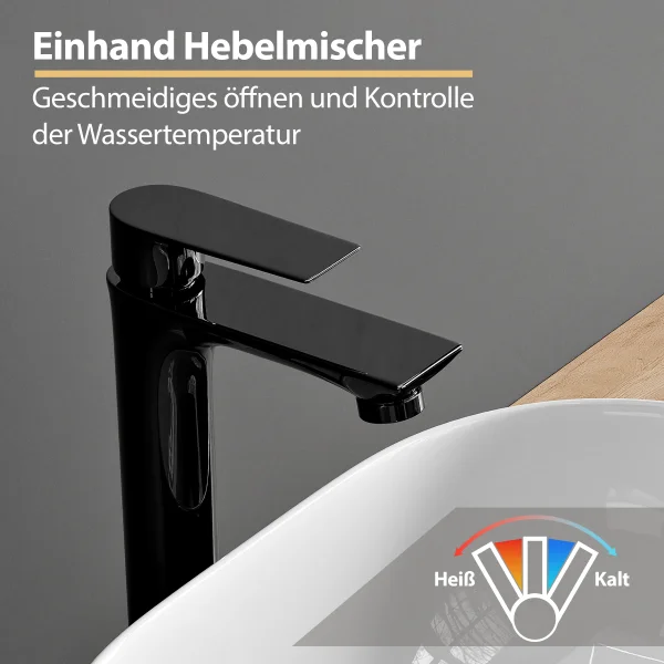 Einhebelmischer Armatur für Waschbecken – schwarz glanz, 29 cm Höhe