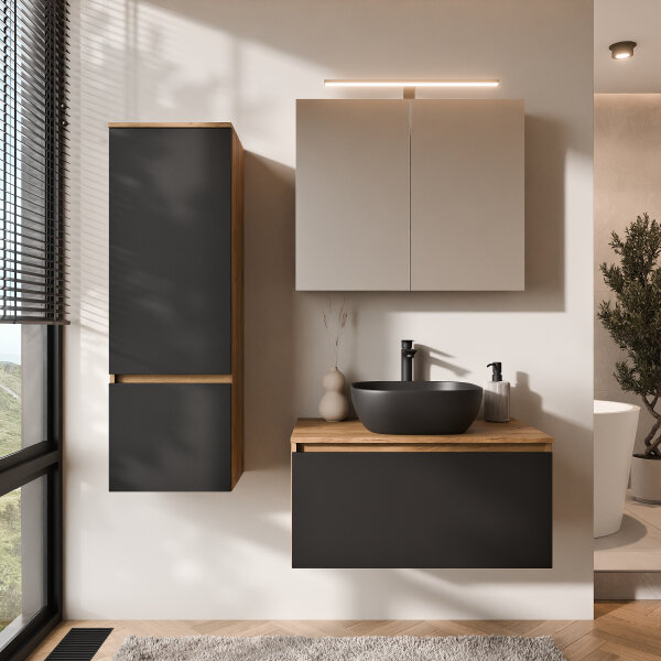 ARISA Badmöbel Set inkl. Hochschrank in Schwarz - Mit Spiegelschrank "ARIA" und schwarzem Keramik-Aufsatzwaschbecken 42 cm