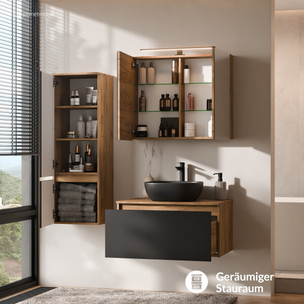 ARISA Badmöbel Set inkl. Hochschrank in Schwarz - Mit Spiegelschrank "ARIA" und schwarzem Keramik-Aufsatzwaschbecken 42 cm