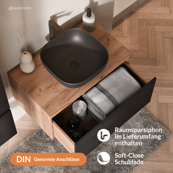 ARISA Badmöbel Set inkl. Hochschrank in Schwarz - Mit Spiegelschrank "ARIA" und schwarzem Keramik-Aufsatzwaschbecken 42 cm