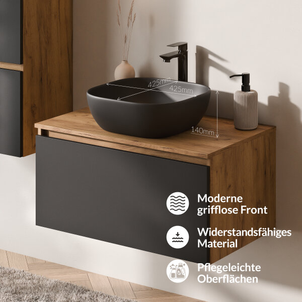 ARISA Badmöbel Set inkl. Hochschrank in Schwarz - Mit Spiegelschrank "ARIA" und schwarzem Keramik-Aufsatzwaschbecken 42 cm