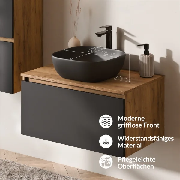 Ensemble de meubles de salle de bains ARISA avec armoire haute noire - Comprend une armoire de toilette « ARIA » et un lavabo à poser en céramique noir de 42 cm