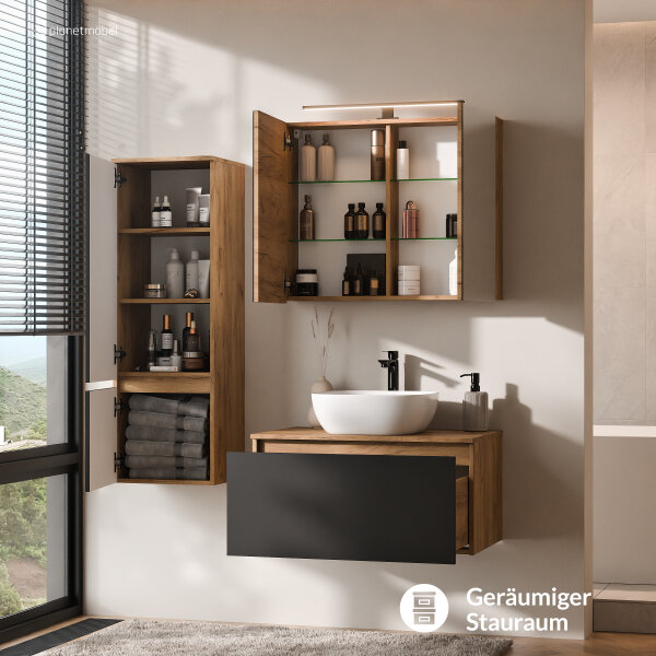 ARISA Badmöbel Set inkl. Hochschrank in Schwarz - Mit Spiegelschrank "ARIA" und weißem Keramik-Aufsatzwaschbecken 42 cm